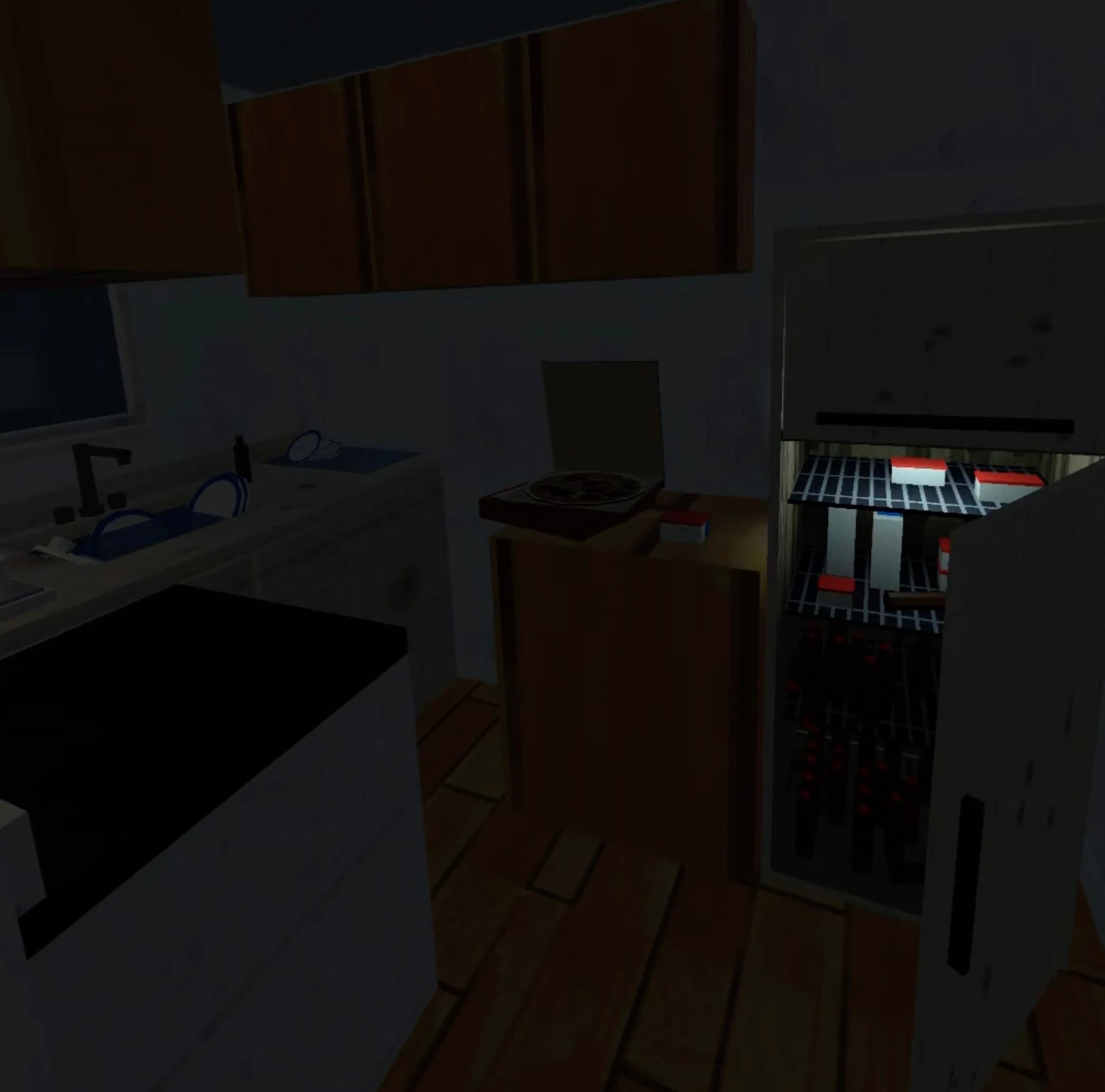 An open fridge interior, lit pink, stocked with PS1-era low-poly food and bottles