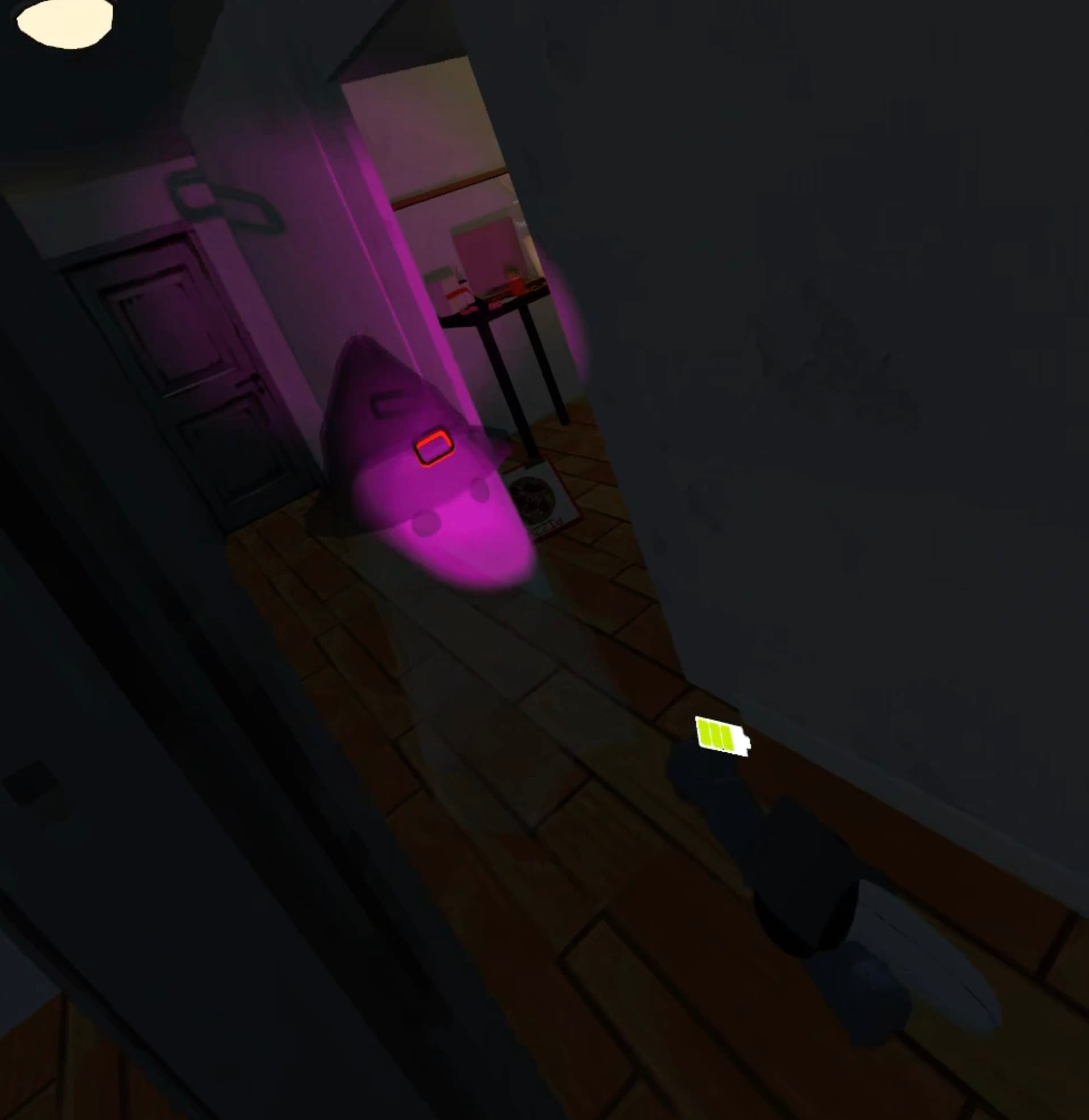 The VR player's POV. A purple ghost lit by the flashlight, about to be banished in a hallway