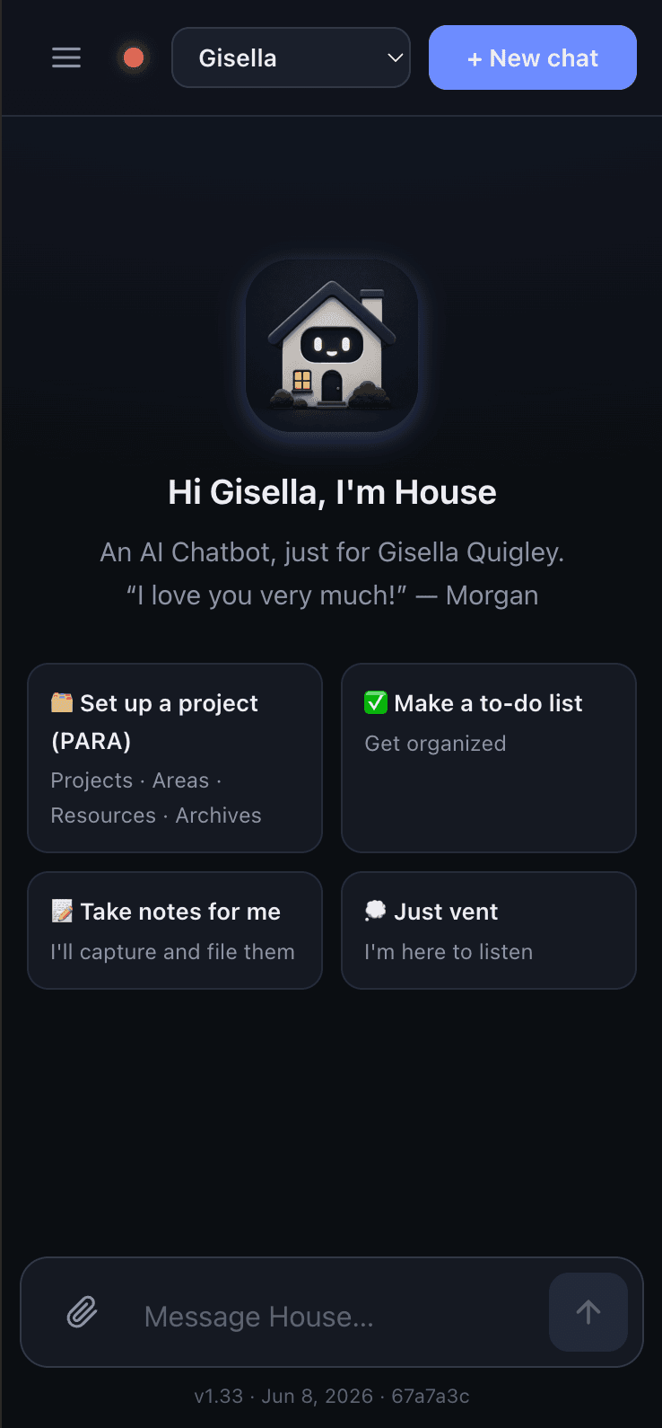 House chat home screen, greeting Gisella