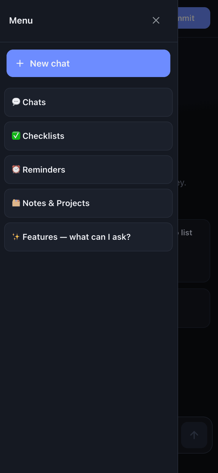 House menu: chats, checklists, reminders, notes and projects