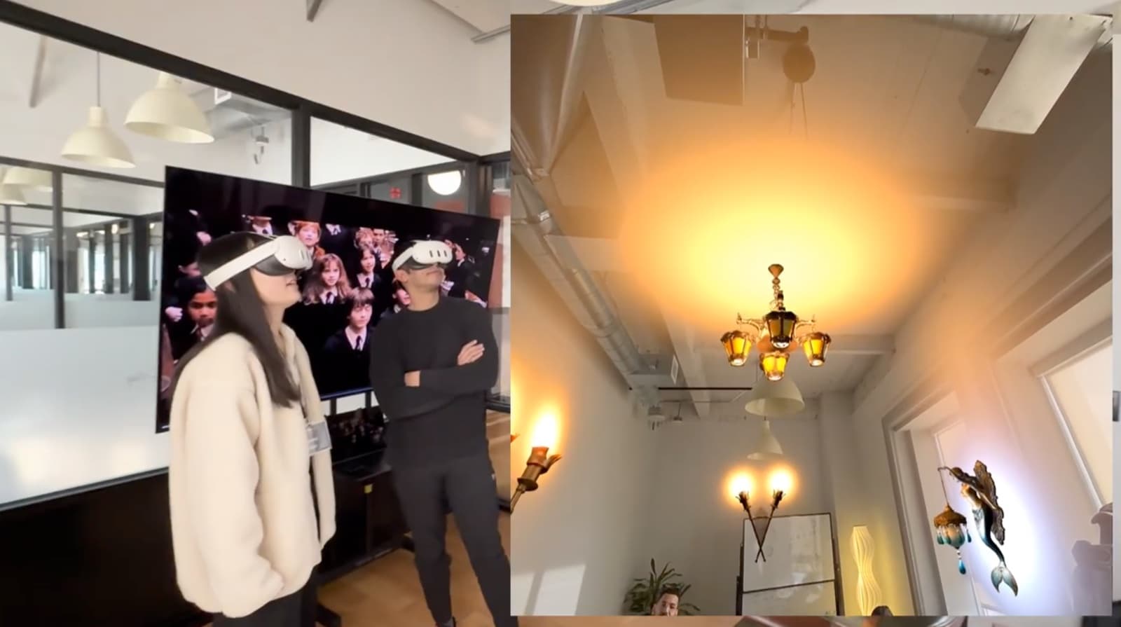 Demo attendees in Quest 3 headsets next to the in-headset view: a real room reskinned with a glowing chandelier, wall sconces, and a mermaid lamp