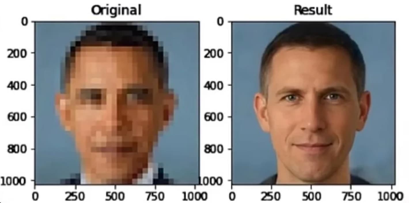 Left: a pixelated photo of Barack Obama. Right: the AI's sharpened result, a clear, realistic face of a different man.