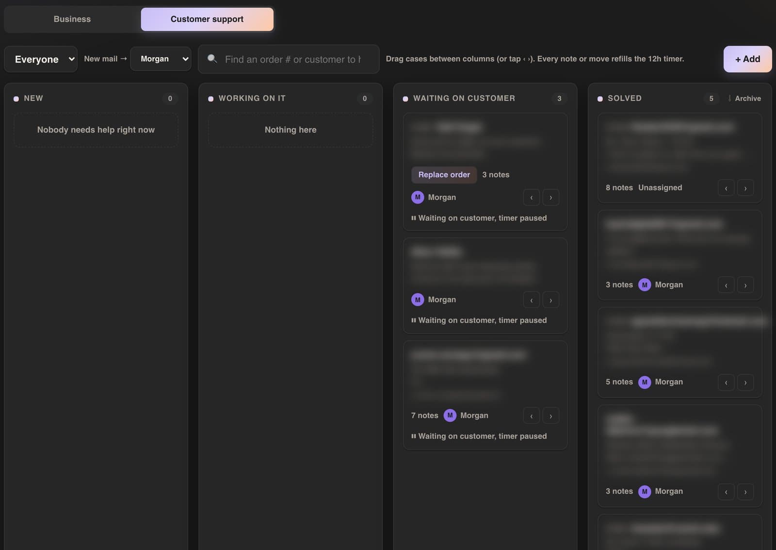 The customer support board with New, Working on it, Waiting on customer and Solved columns; customer details blurred