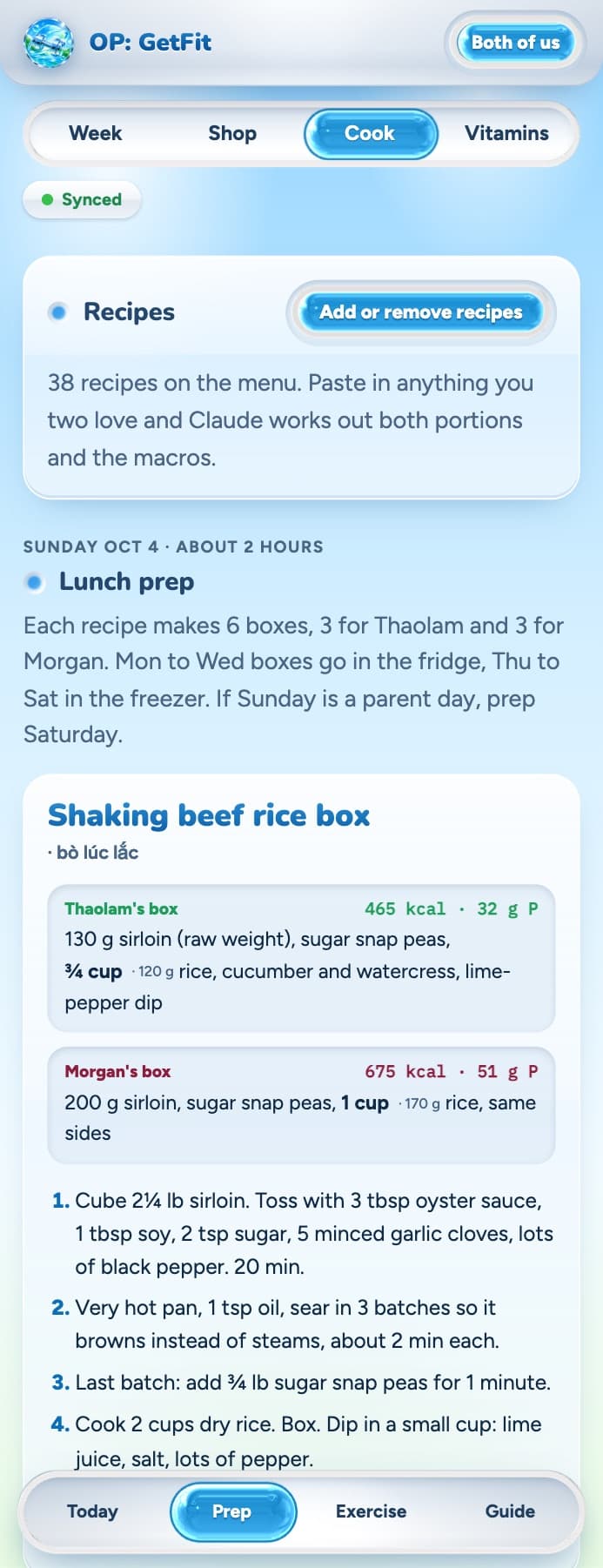 Prep, Cook on a phone: the lunch prep plan with Thaolam's and Morgan's box portions and step-by-step instructions