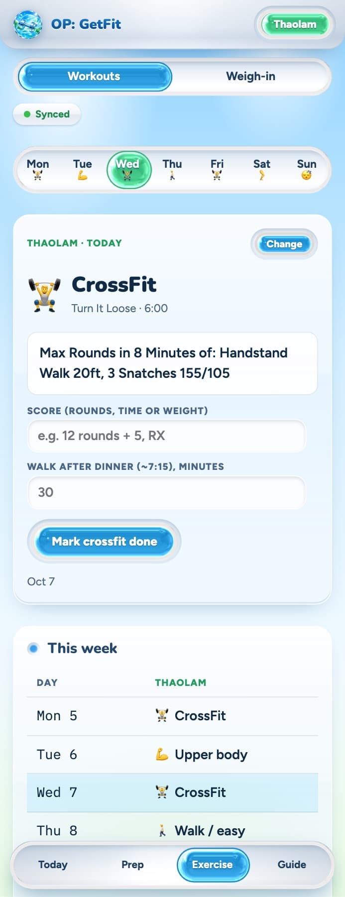 The Exercise tab on a phone: today's CrossFit WOD pulled from the gym's site, with a score and walk log