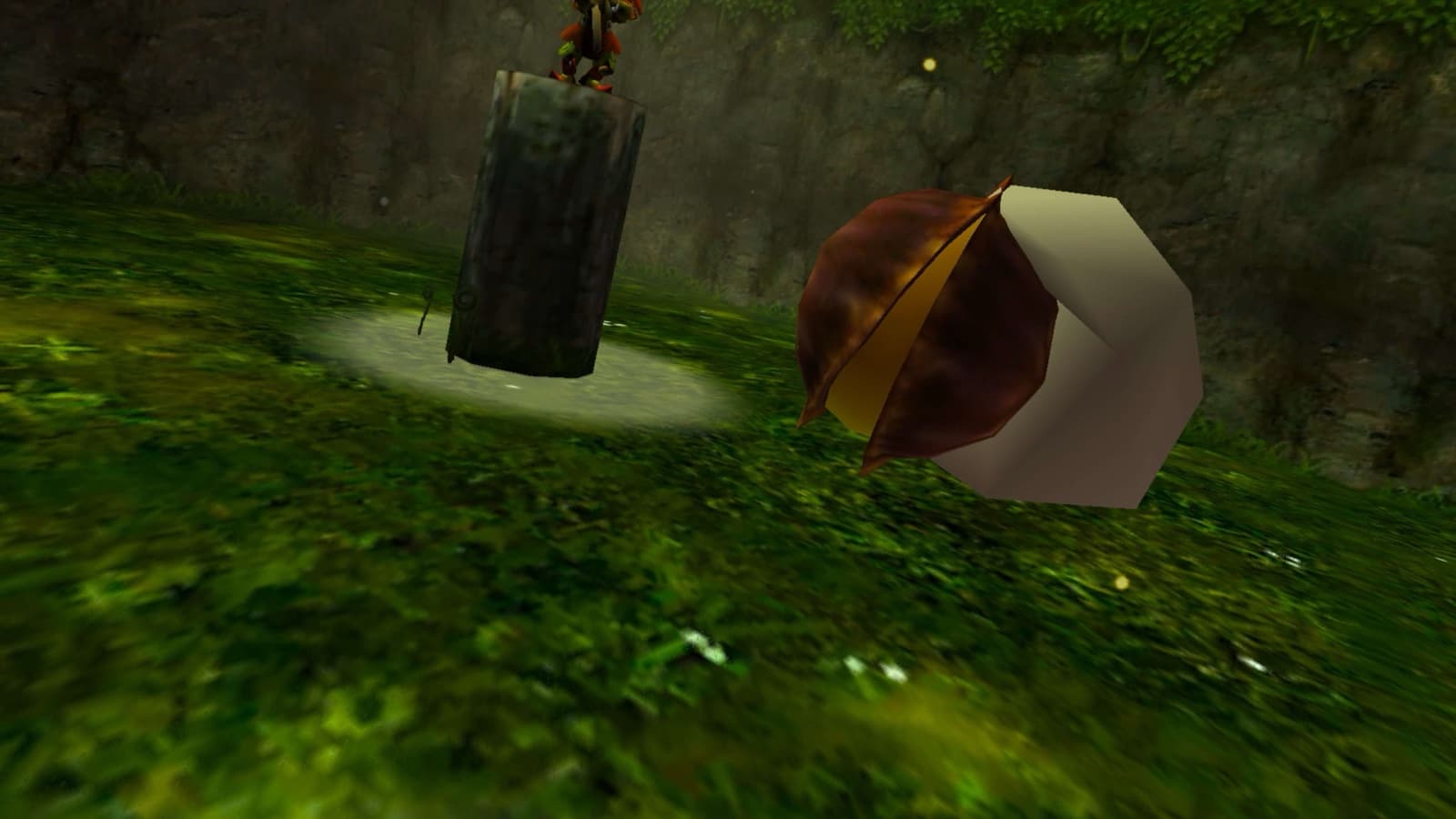A 3D Deku Nut held in Link's hand in the Lost Woods