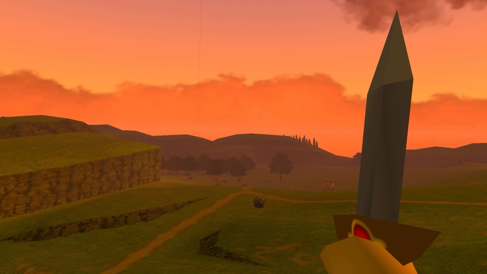 First-person view of Hyrule Field at sunset with the Kokiri Sword in hand