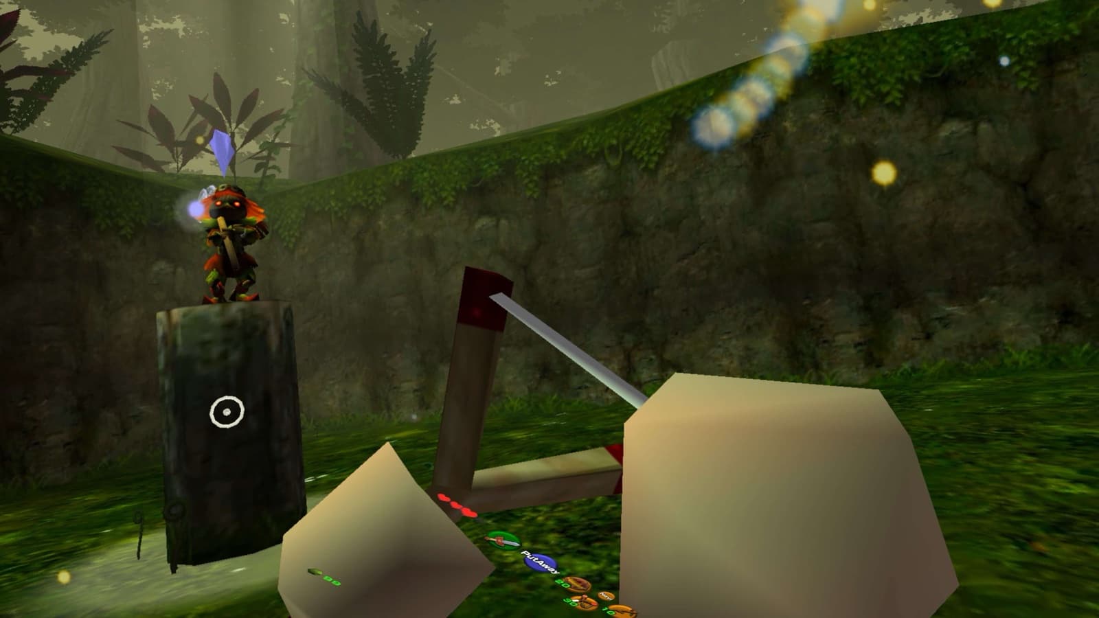 Drawing the Fairy Slingshot at Skull Kid, with a white landing ring on the stump