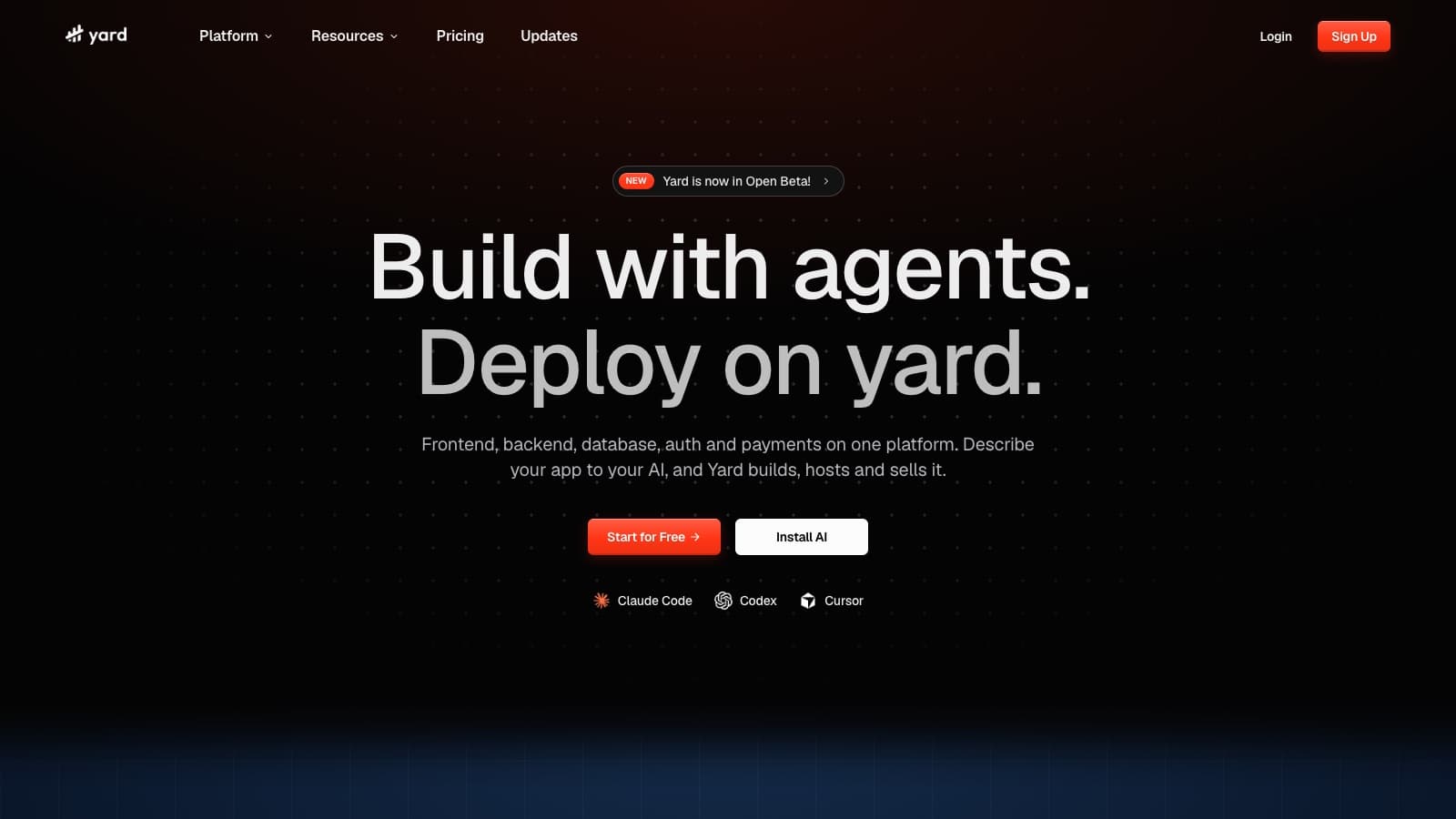 The Yard.sh homepage: Build with agents. Deploy on yard.